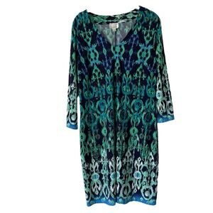 Donna Morgan long-sleeve dress in blues and green size 12